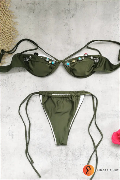 Green Embellished Caged Bikini with Studded Cups - Garden Terrace Ease - s / Beachwear • Boho • Bikinis