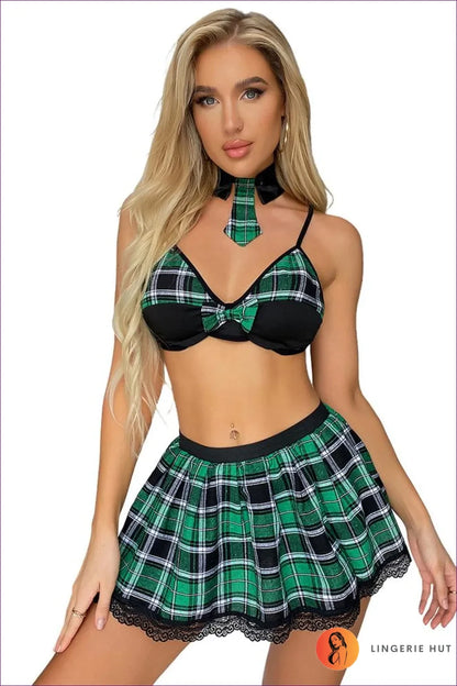 Elevate Your Roleplay With Our Green Lace Trim Ruffle Plaid Student Uniform. Deep Green Plaid, Pleated Skirt,