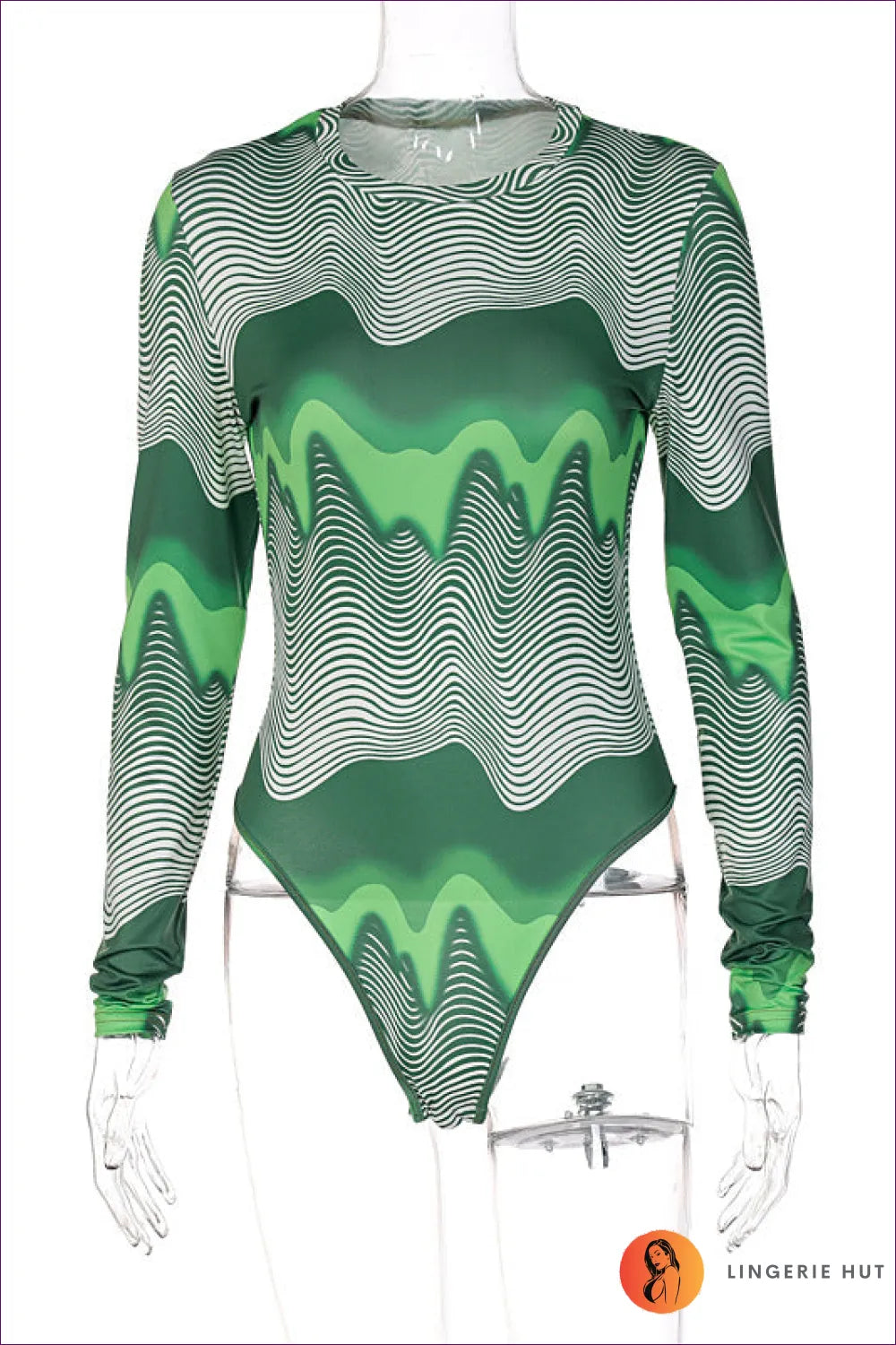 Elevate Your Outfit With Our Green Print Round Neck Long Sleeve Bodysuit. Eye-catching, Comfortable,