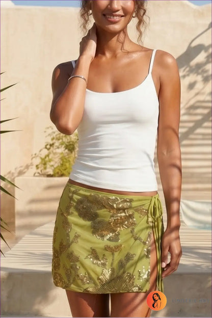 Green Sequin Wrap Mini Skirt with Side Tie - Shoreline - Beachwear • Cover Up • just in • Lingerie Hut