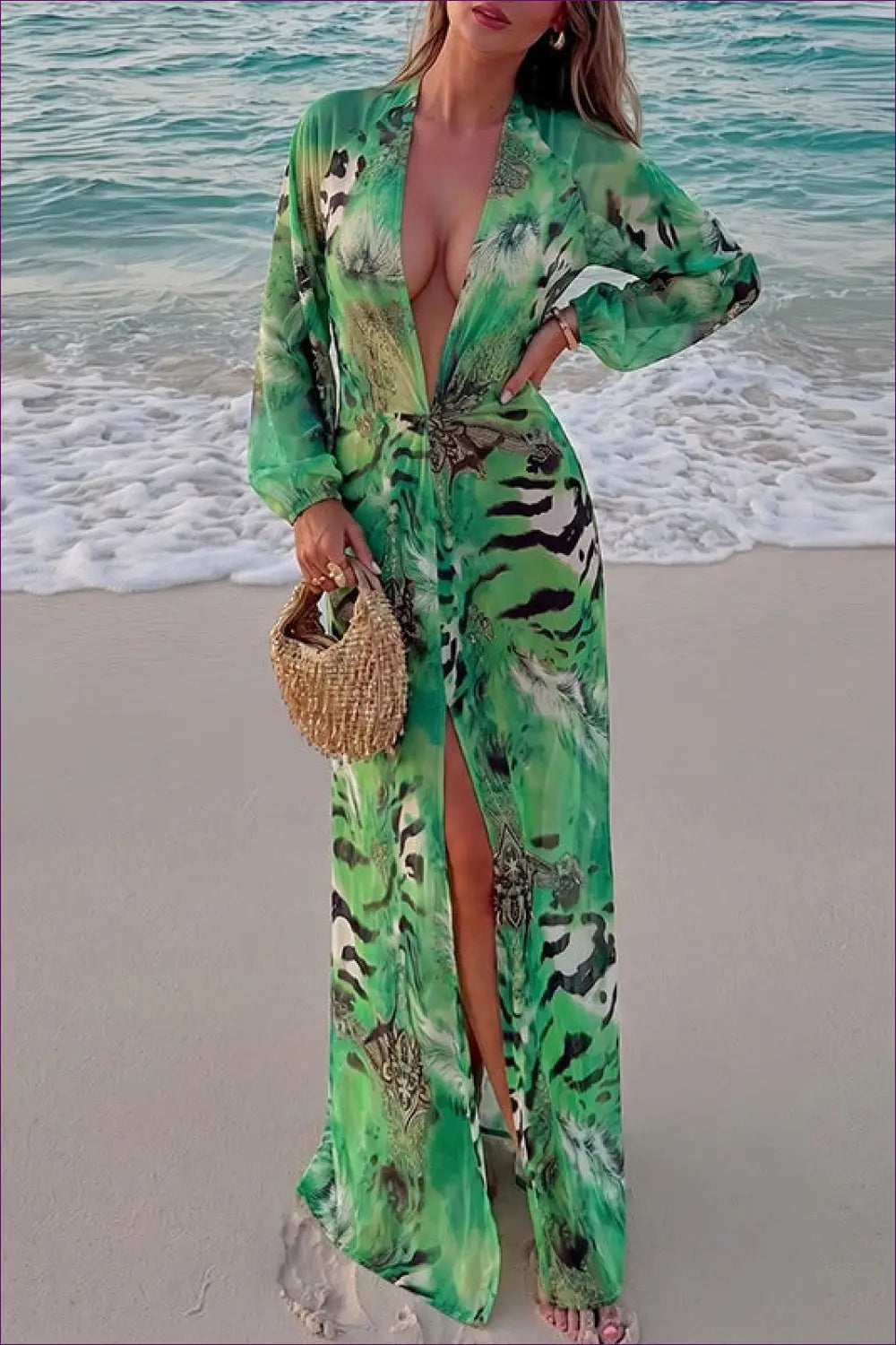 Green Tropical Print Kimono Cover-up with Tie Waist - Barefoot Escape - Beachwear • Cover Up • just in • Polyester