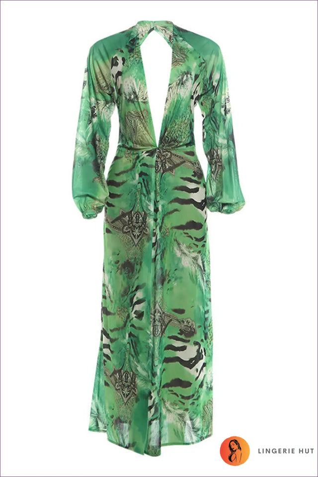 Green Tropical Print Kimono Cover-Up with Tie Waist - Barefoot Escape