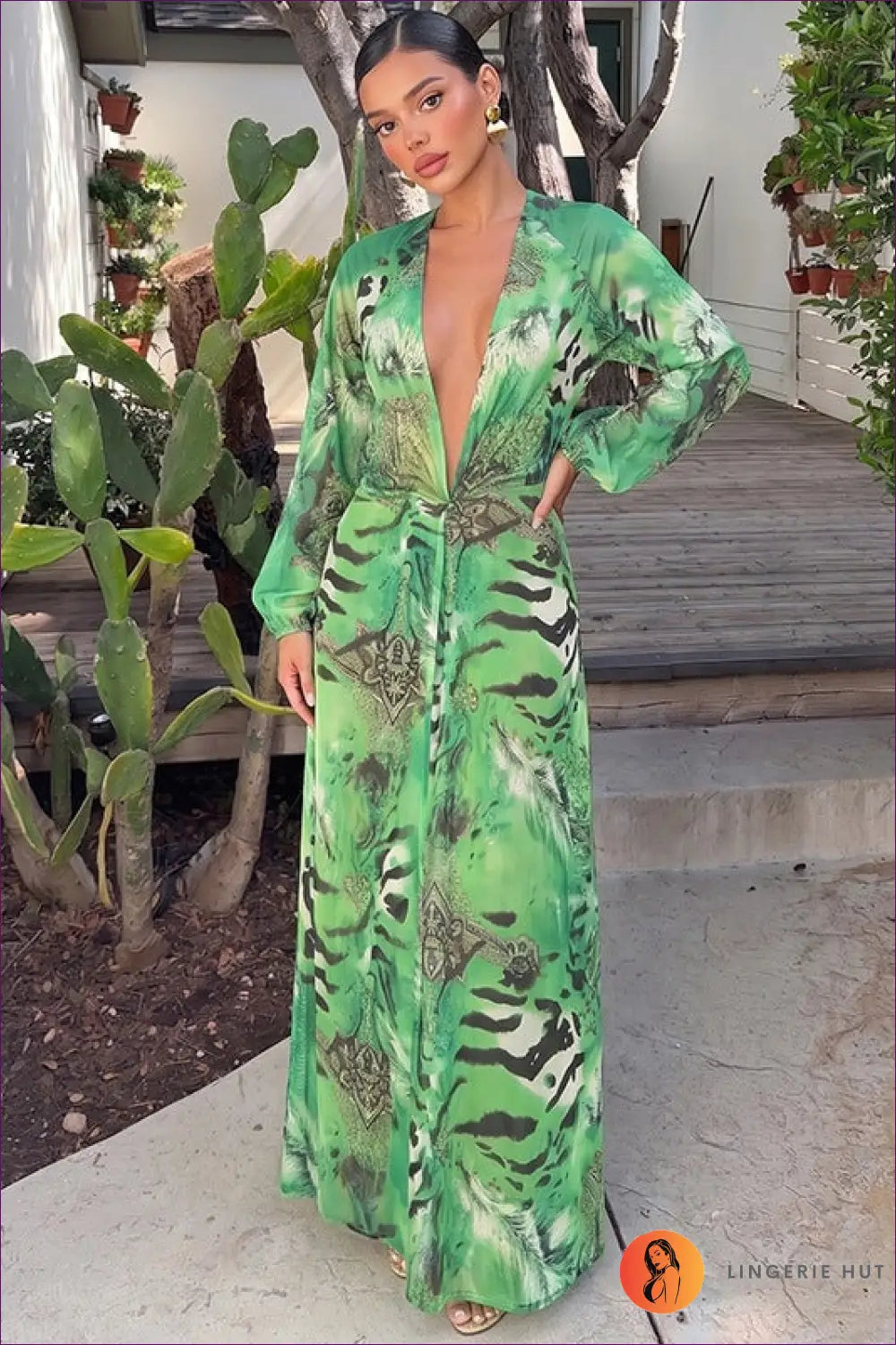 Green Tropical Print Kimono Cover-up with Tie Waist - Barefoot Escape - Beachwear • Cover Up • just in • Polyester