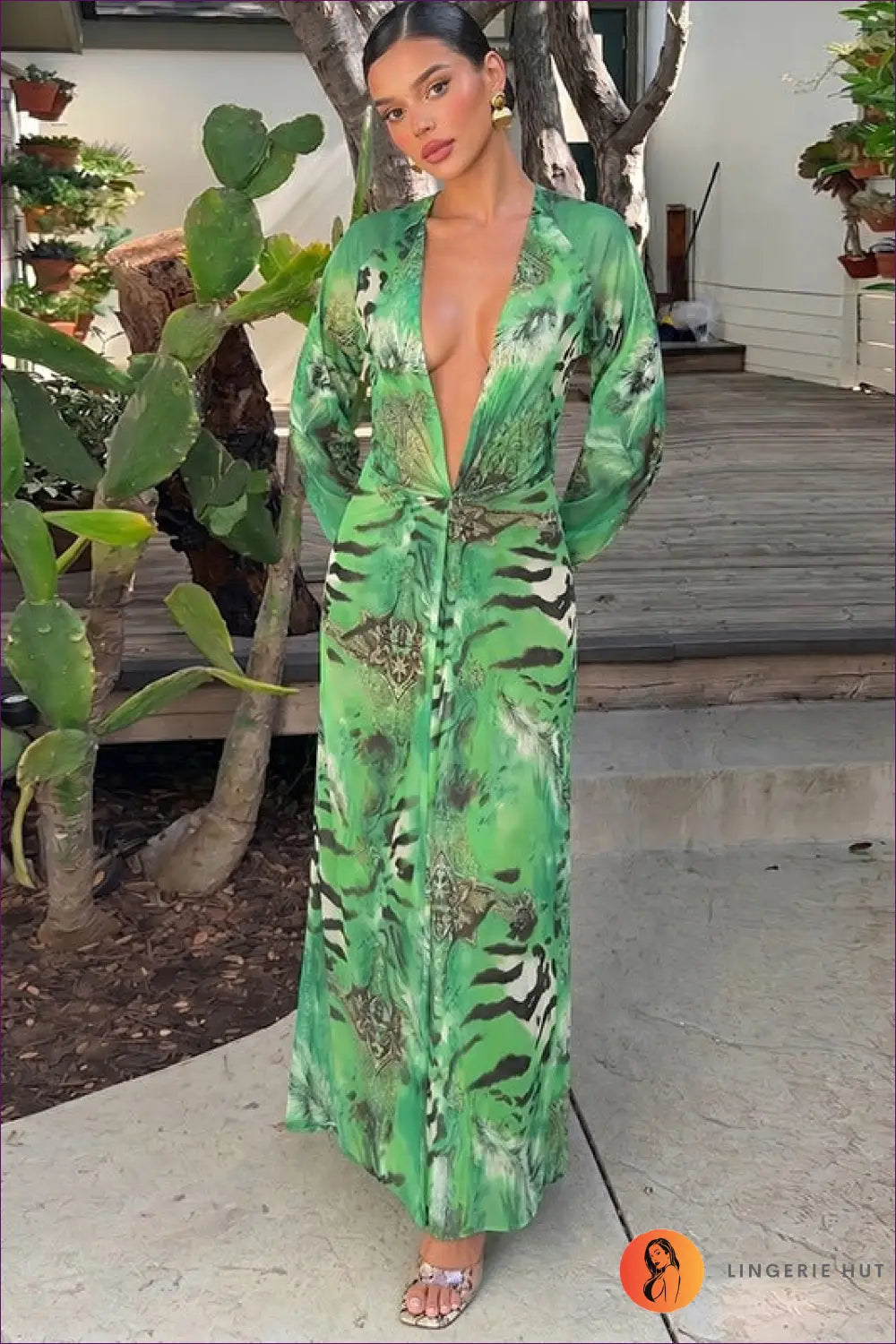 Green Tropical Print Kimono Cover-up with Tie Waist - Barefoot Escape - Beachwear • Cover Up • just in • Polyester