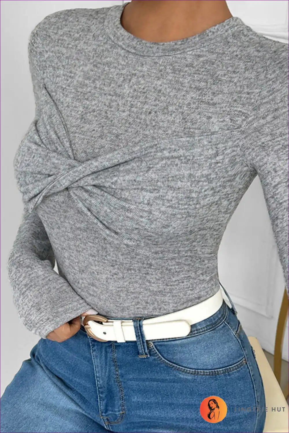 Grey Twist-front Long Sleeve Top ?? Effortless Chic for Autumn, Bodycon, Casual, Everyday, Glamour