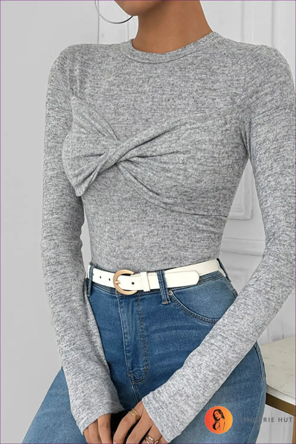 Grey Twist-front Long Sleeve Top ?? Effortless Chic for Autumn, Bodycon, Casual, Everyday, Glamour