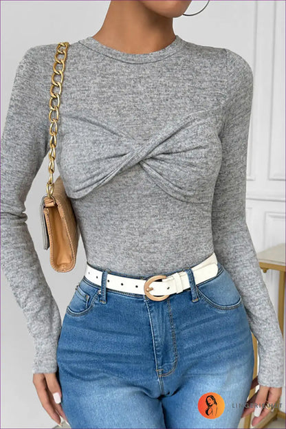 Grey Twist-front Long Sleeve Top ?? Effortless Chic for Autumn, Bodycon, Casual, Everyday, Glamour