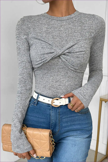 Grey Twist-front Long Sleeve Top ?? Effortless Chic for Autumn, Bodycon, Casual, Everyday, Glamour