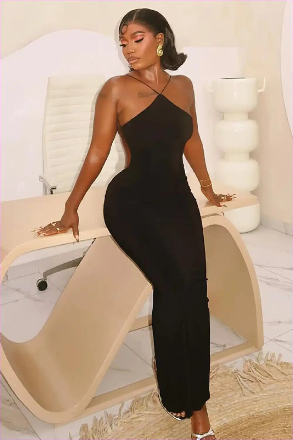 Halter Backless Maxi Dress with Side Split - Elegant Ease for Backless, Formal Wear, Halter, Maxi, Polyester