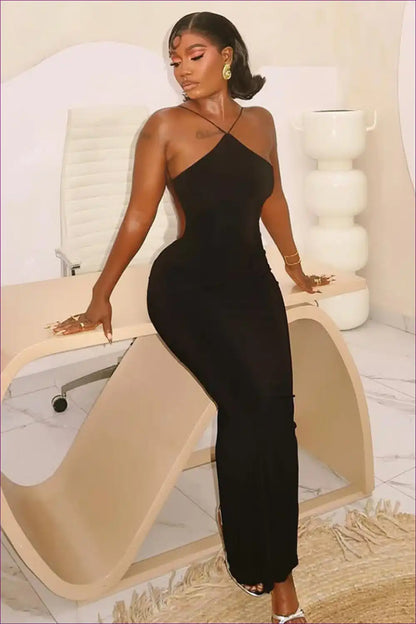 Halter Backless Maxi Dress with Side Split - Elegant Ease for Backless, Formal Wear, Halter, Maxi, Polyester