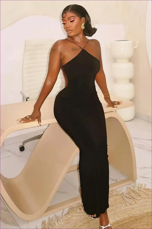 Halter Backless Maxi Dress with Side Split - Elegant Ease for Backless, Formal Wear, Halter, Maxi, Polyester