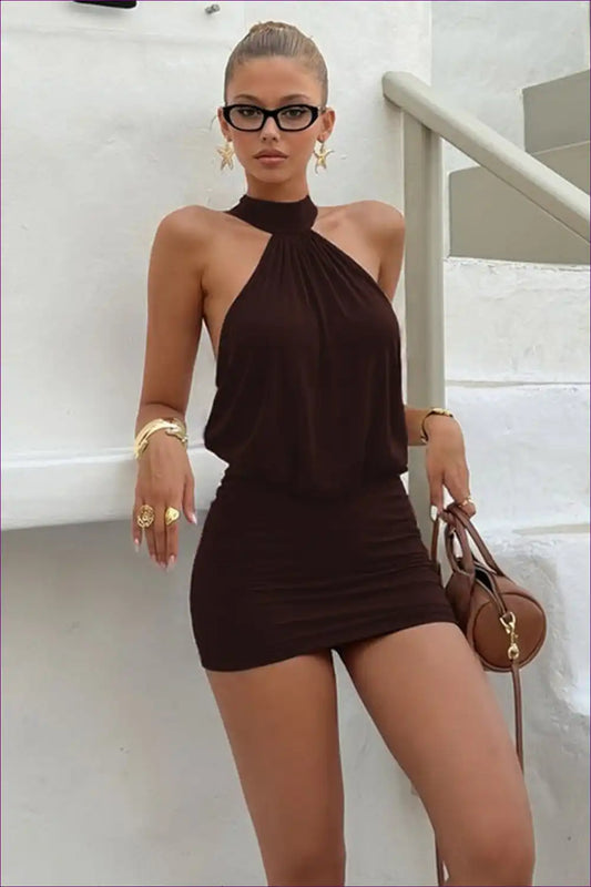 Halter Bandage Mini Dress with Ruched Backless Detail for Backless, Bodycon, Date Night, Halter,