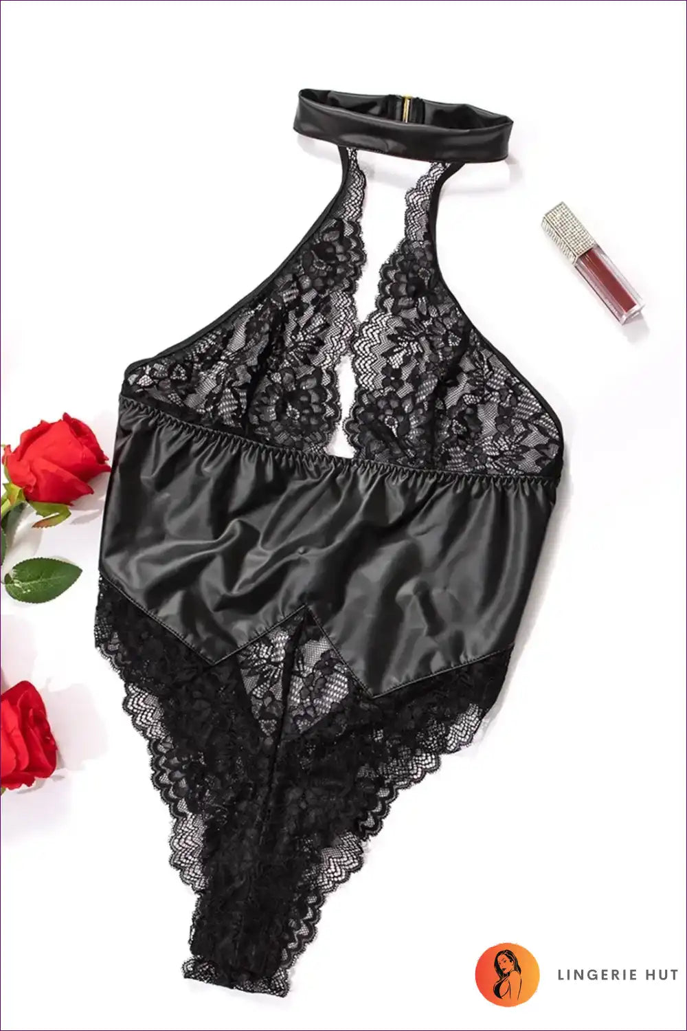 Halter Bodysuit with Pu Leather & Lace - Allure Party Edit for Backless, Bodycon, Bodysuit, Boudoir, Date