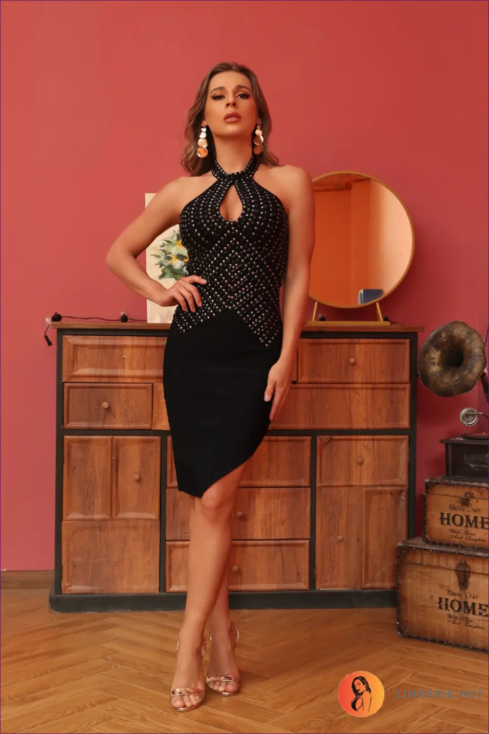 Embellished Halter Midi Dress - Evening Glam Day-to-night Appeal - Dresses - Lingerie Hut - All Season • Bodycon