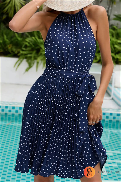 Halter Dress with Polka Dot Print - Retro Sophistication for A-line, All Season, Casual, Dress, Everyday