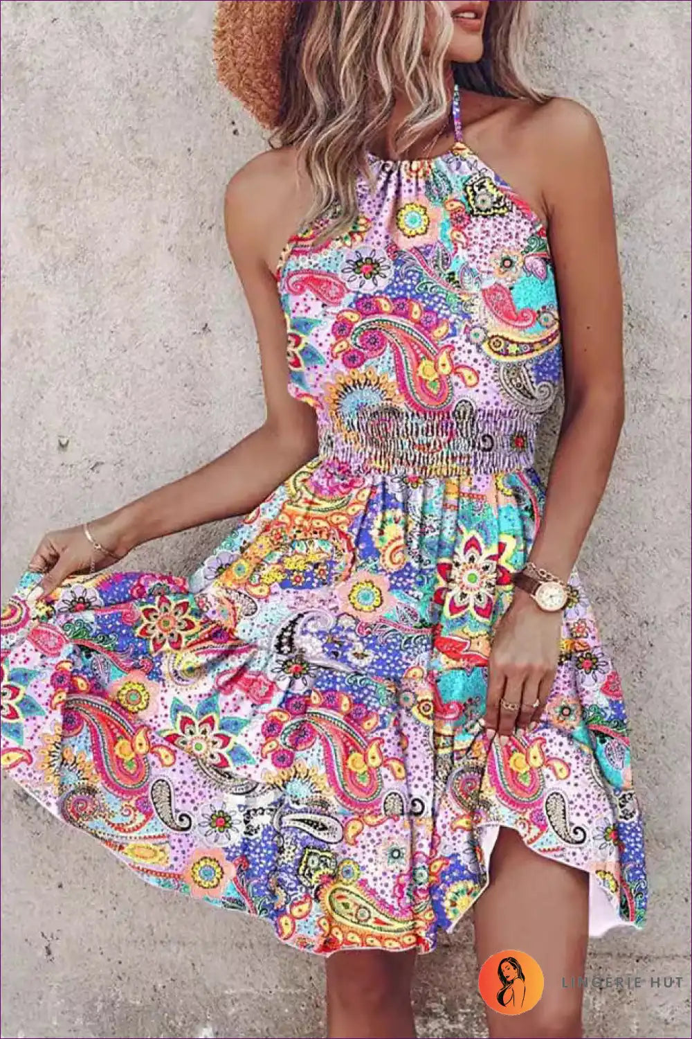 Halter Dress with Psychedelic Print - Festival Ready for Backless, Boho, Casual, Cutout,