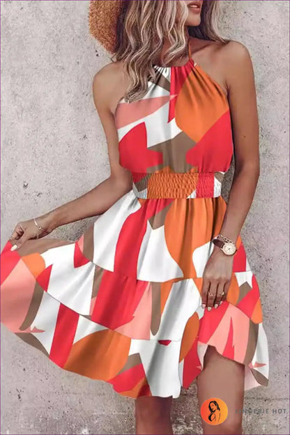 Halter Dress with Psychedelic Print - Festival Ready for Backless, Boho, Casual, Cutout,