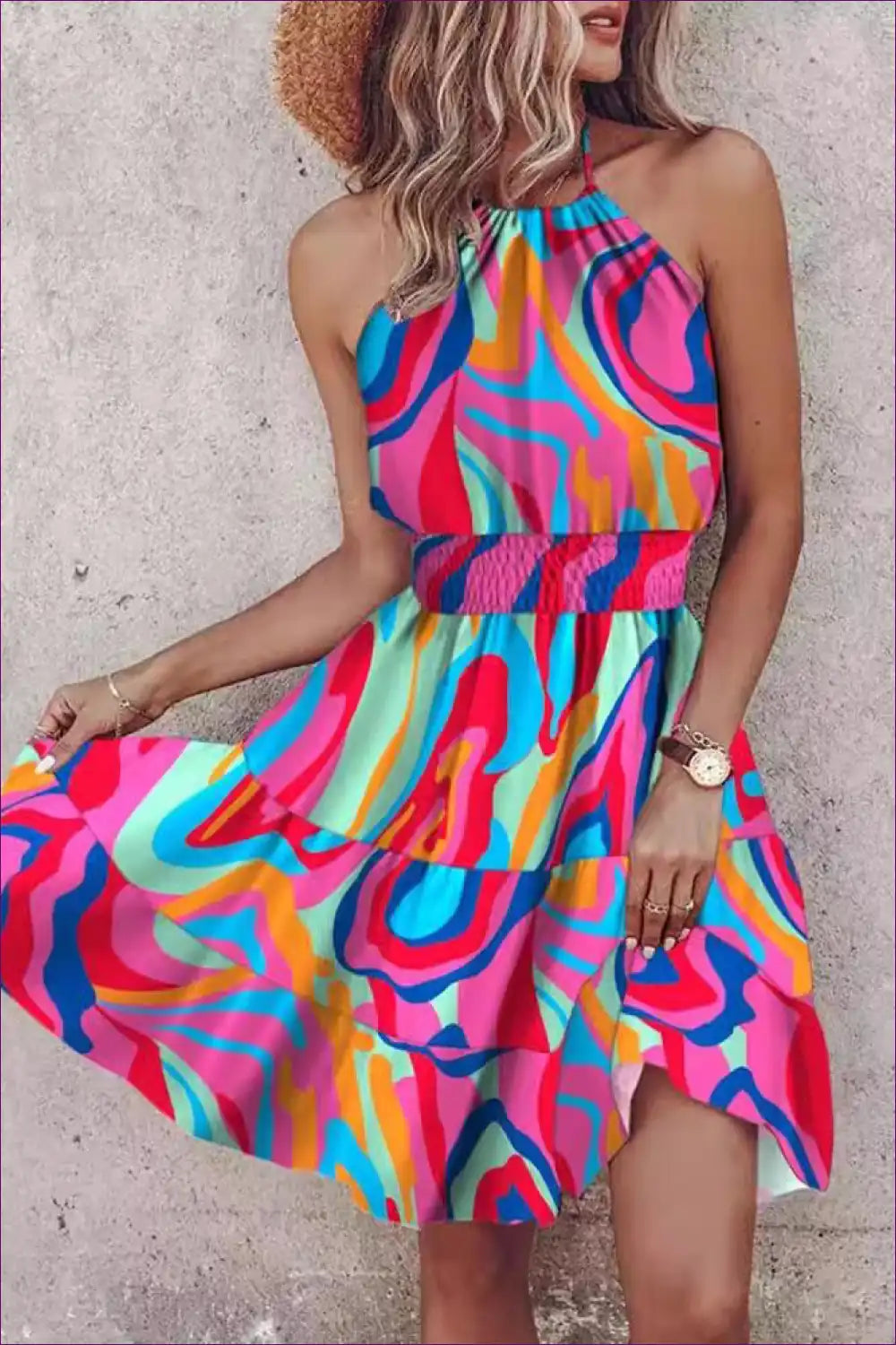Halter Dress with Psychedelic Print - Festival Ready for Backless, Boho, Casual, Cutout,