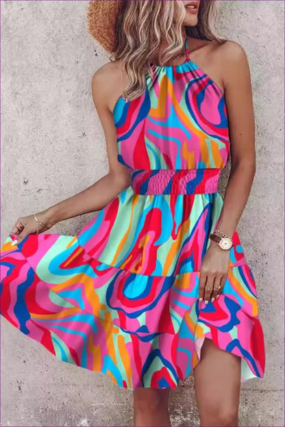 Halter Dress with Psychedelic Print - Festival Ready for Backless, Boho, Casual, Cutout,
