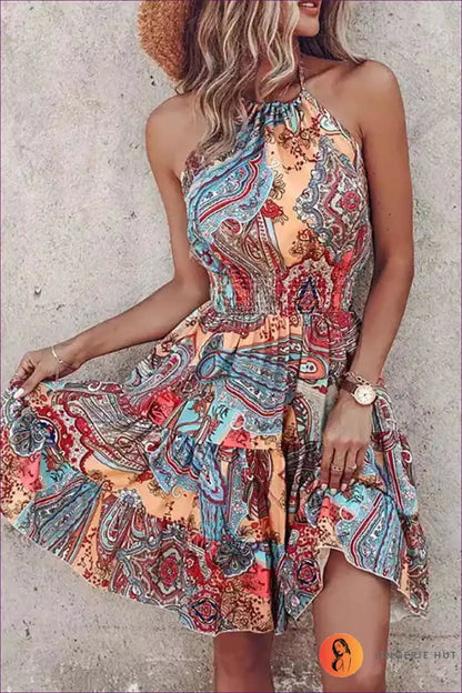 Halter Dress with Psychedelic Print - Festival Ready for Backless, Boho, Casual, Cutout,