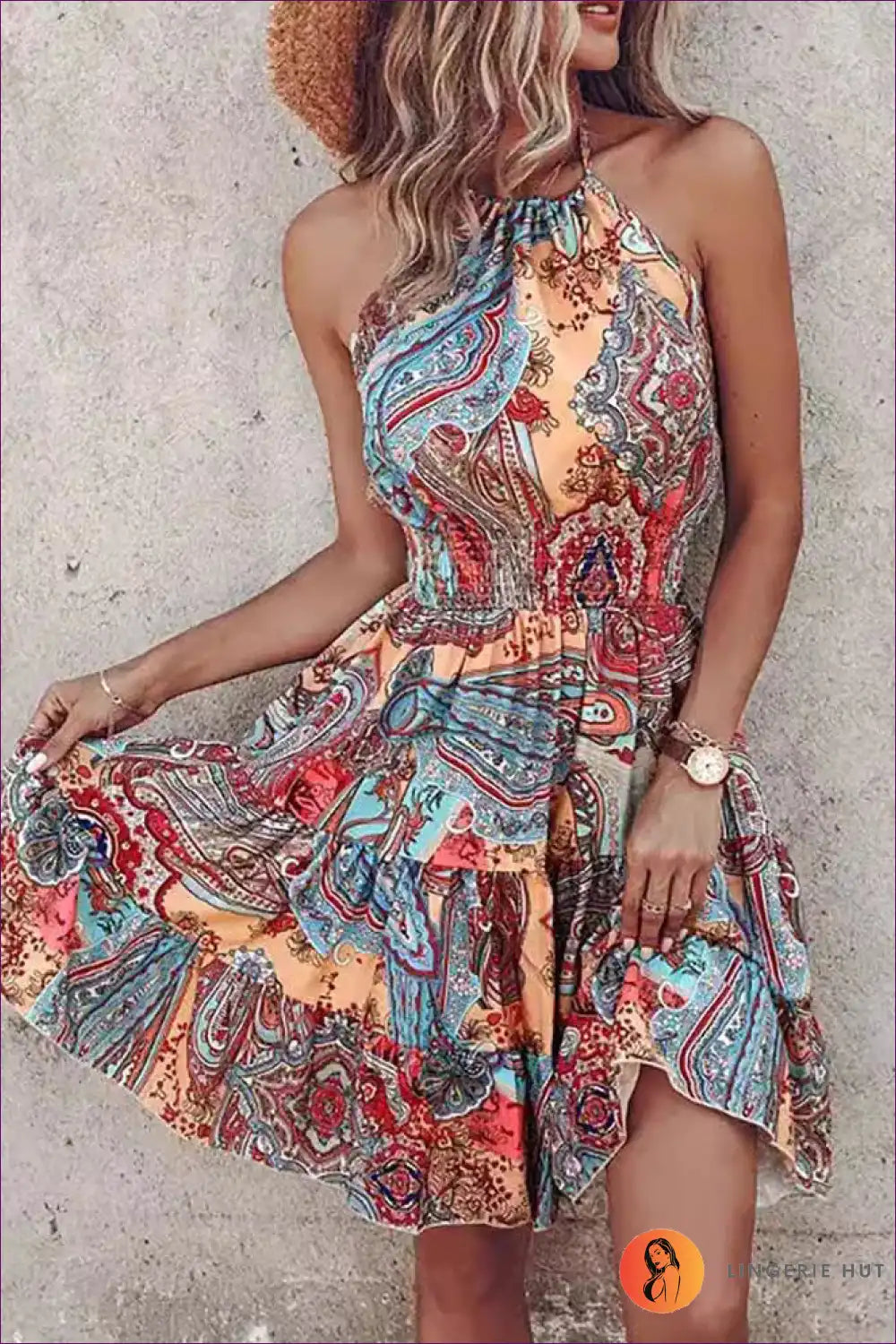 Halter Dress with Psychedelic Print - Festival Ready for Backless, Boho, Casual, Cutout,