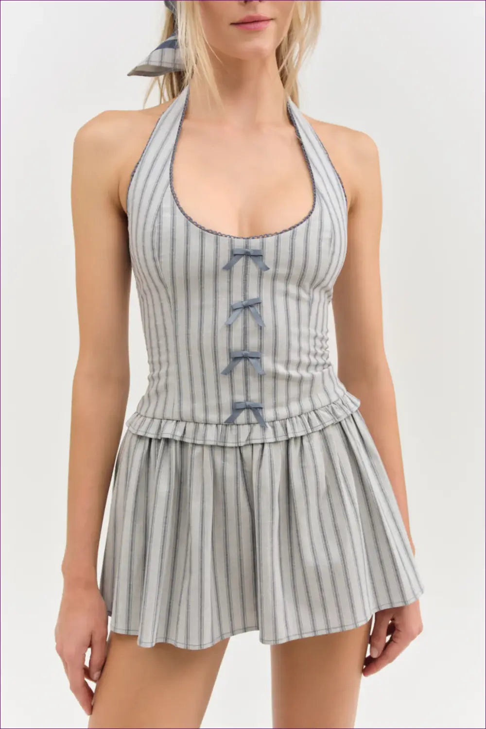 Halter Stripe Mini Dress - Effortless Vintage Style - Dresses - A-line • Casual • Everyday • Glamour - Lingerie Hut