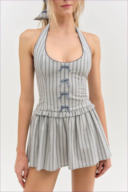 Halter Stripe Mini Dress - Effortless Vintage Style - Dresses - A-line • Casual • Everyday • Glamour - Lingerie Hut