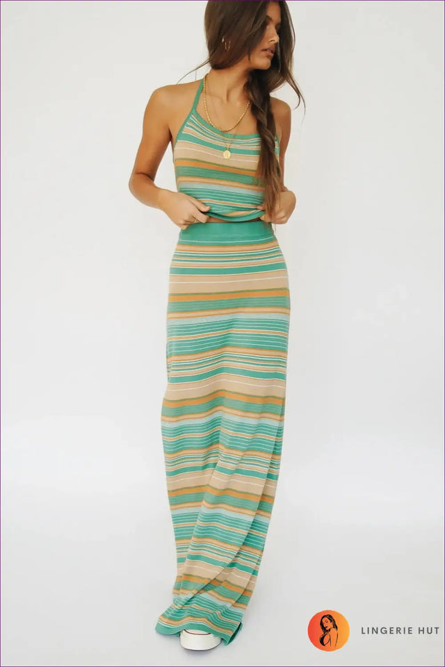 Halter Dress with Striped Pattern - Coastal Elegance
