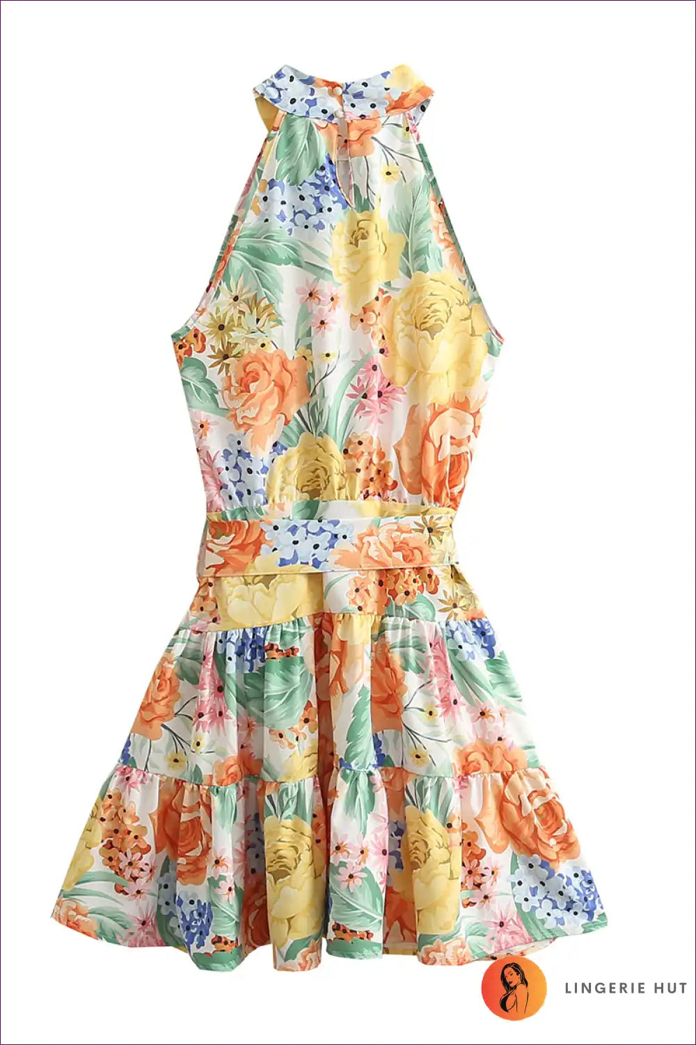 Halter Dress with Tropical Print - Island Escape for A-line, Casual, Cutout, Dress, Everyday