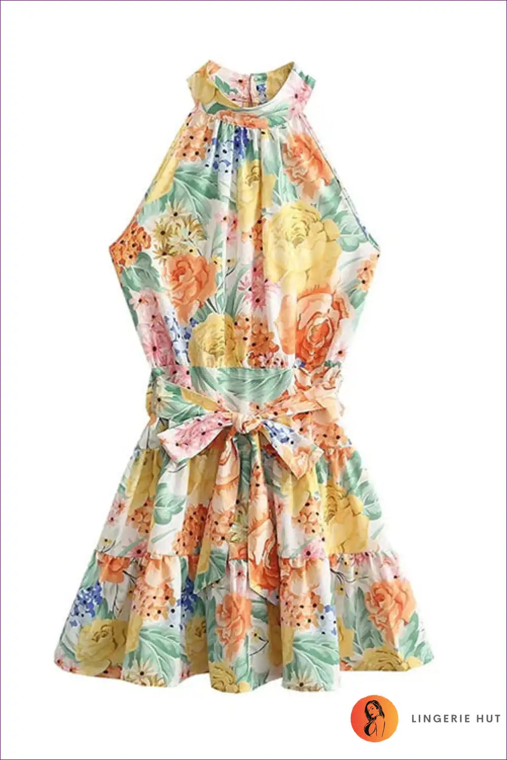 Halter Dress with Tropical Print - Island Escape for A-line, Casual, Cutout, Dress, Everyday