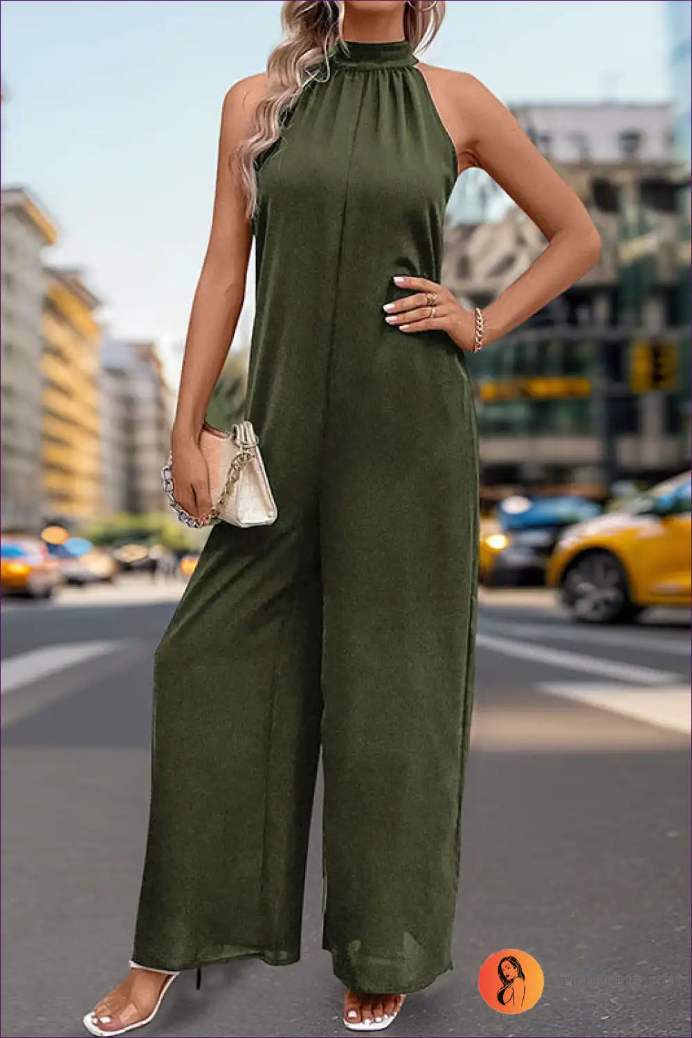 Halter Jumpsuit with High Neckline - Modern Minimal Mood for All Season, Backless, Casual, Evening Wear,