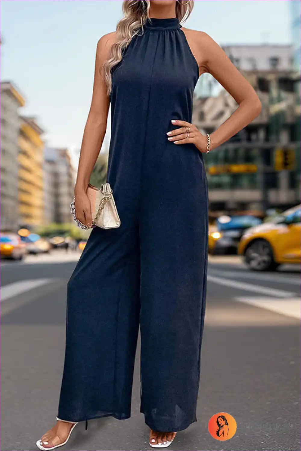 Halter Jumpsuit with High Neckline - Modern Minimal Mood for All Season, Backless, Casual, Evening Wear,