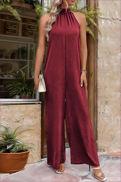 Halter Jumpsuit with High Neckline - Modern Minimal Mood for All Season, Backless, Casual, Evening Wear,