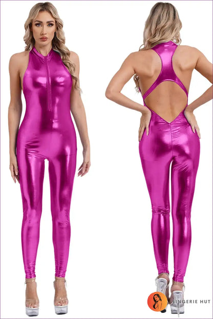 Halter Jumpsuit with Metallic Finish - After-dark Energy for Bodycon, Clubwear, Cutout, Evening Wear, Formal