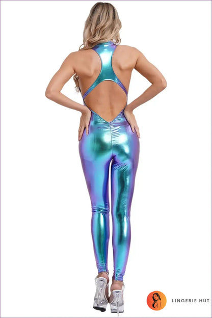 Halter Jumpsuit with Metallic Finish - After-dark Energy for Bodycon, Clubwear, Cutout, Evening Wear, Formal