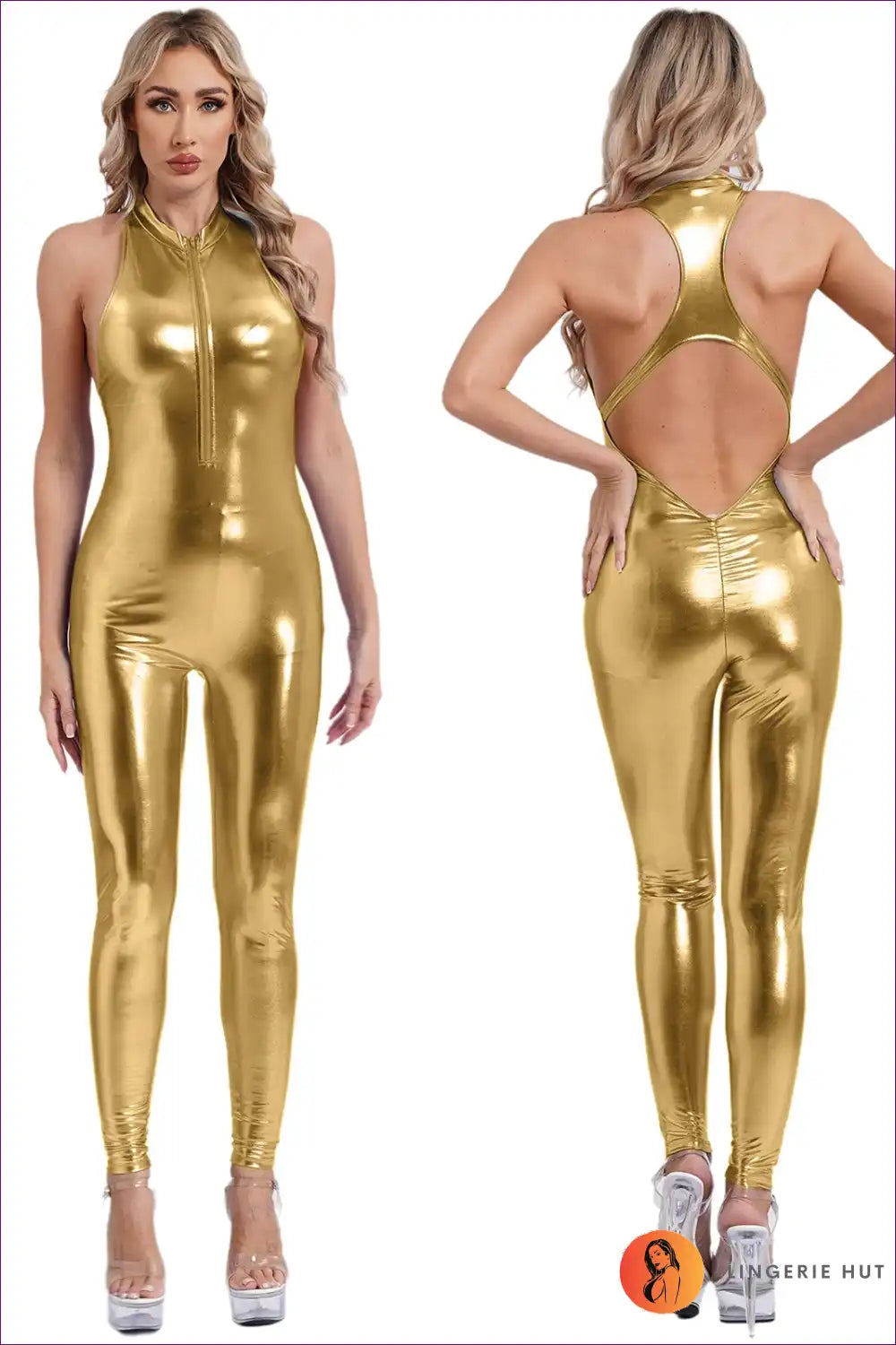 Halter Jumpsuit with Metallic Finish - After-dark Energy for Bodycon, Clubwear, Cutout, Evening Wear, Formal