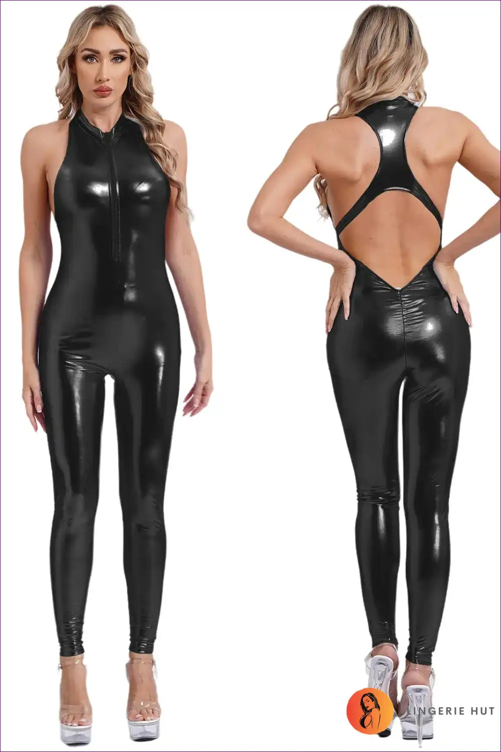 Halter Jumpsuit with Metallic Finish - After-dark Energy for Bodycon, Clubwear, Cutout, Evening Wear, Formal