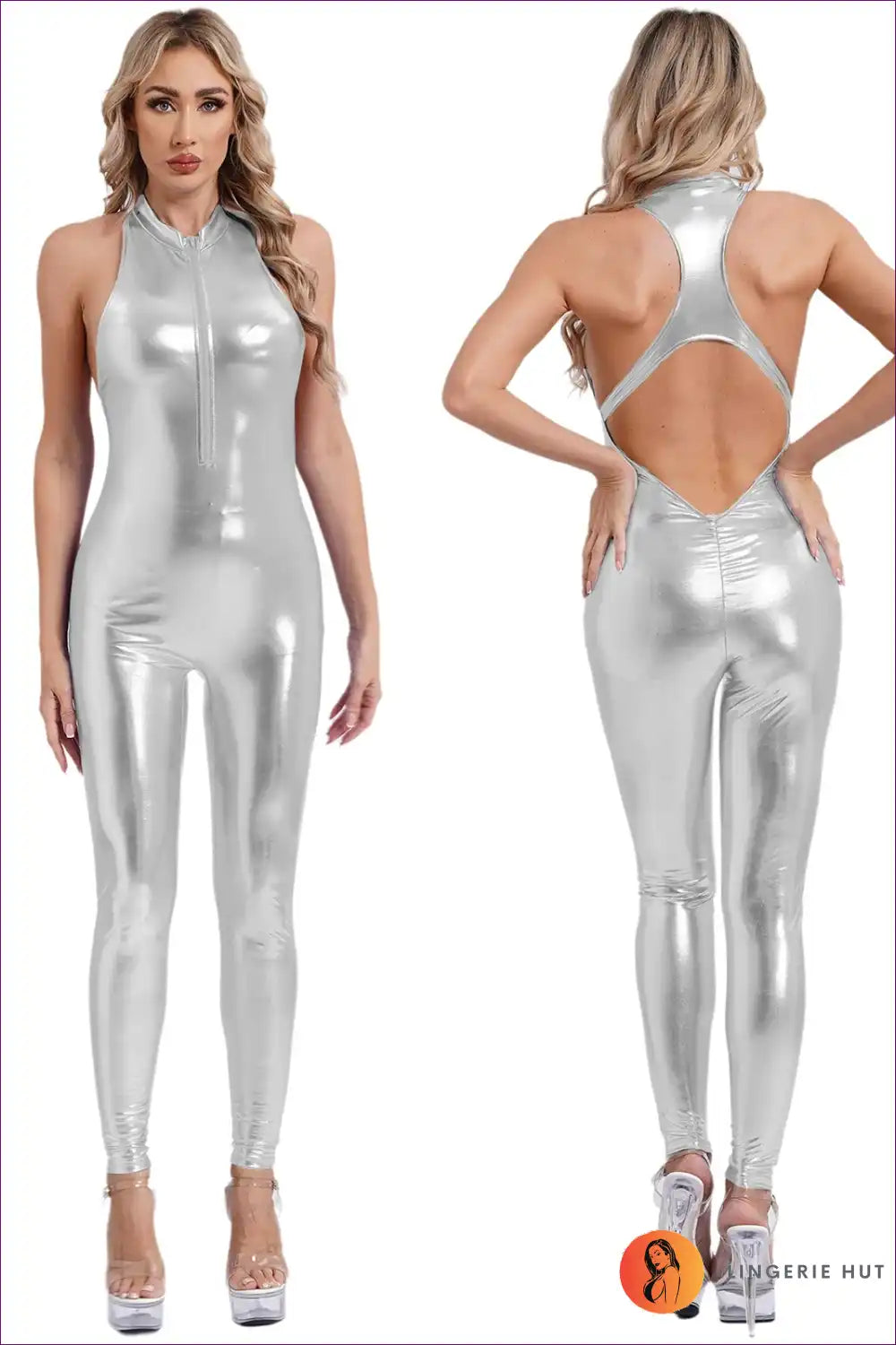 Halter Jumpsuit with Metallic Finish - After-dark Energy for Bodycon, Clubwear, Cutout, Evening Wear, Formal