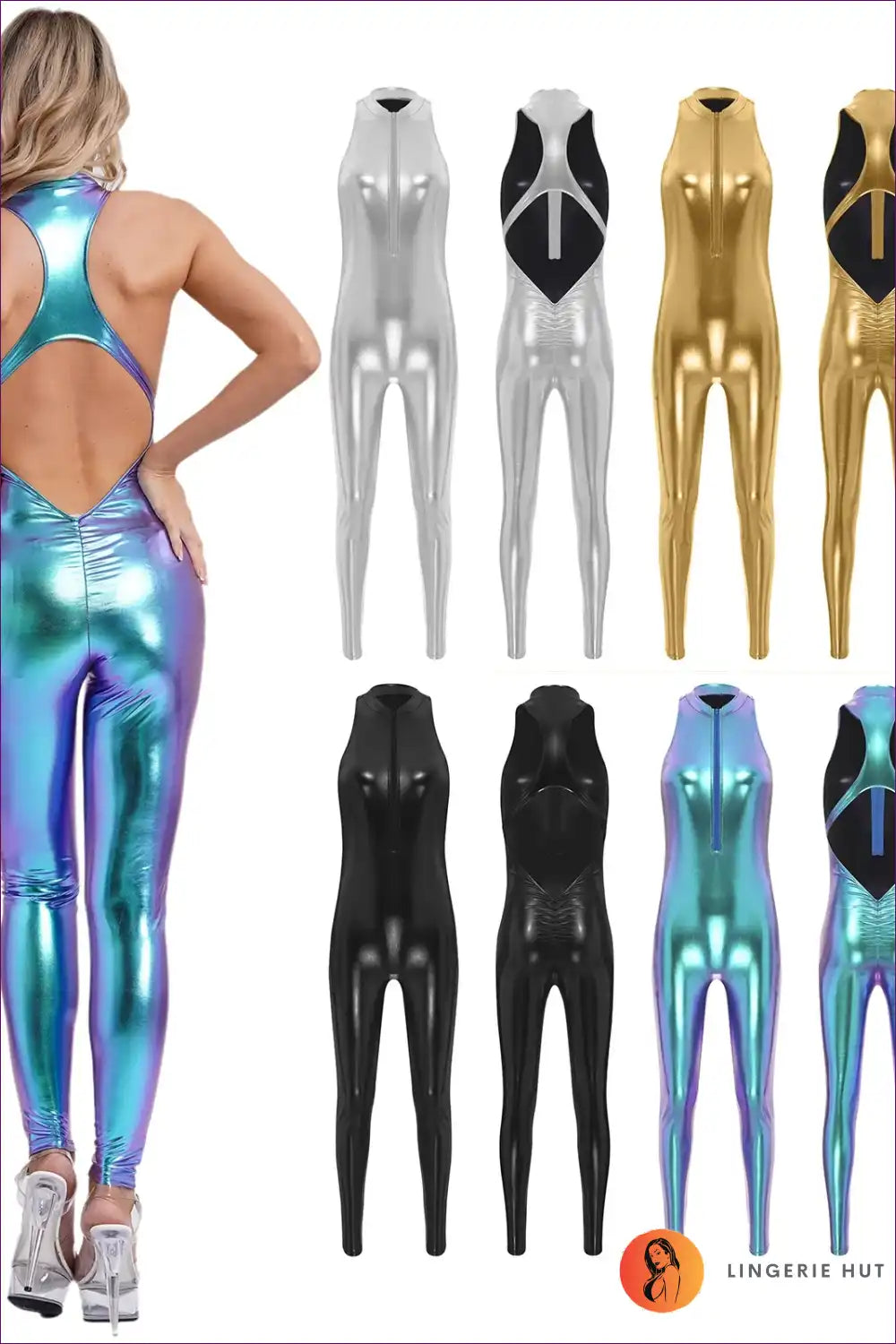 Halter Jumpsuit with Metallic Finish - After-dark Energy for Bodycon, Clubwear, Cutout, Evening Wear, Formal