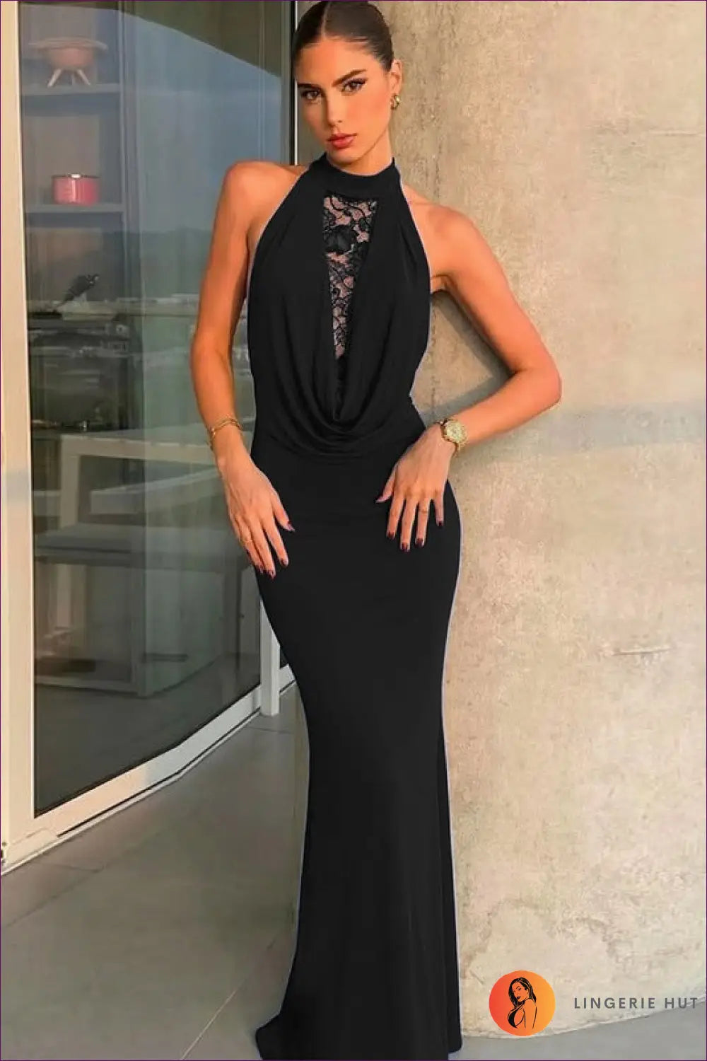 Halter Lace Maxi Dress - Bold but Wearable - s / Black - Dresses - Bodycon • Clothing • Glamour • Lace - Lingerie Hut