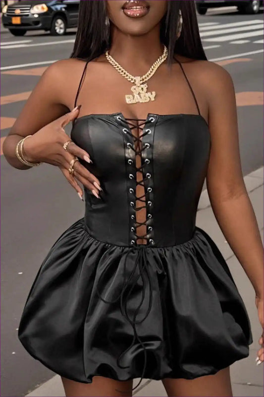 Halter Lace-up Faux Leather Mini Dress for Party Nights Bodycon, Clubwear, Halter, Mini,