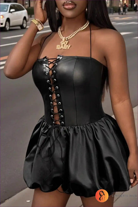 Halter Lace-up Faux Leather Mini Dress for Party Nights Bodycon, Clubwear, Halter, Mini,