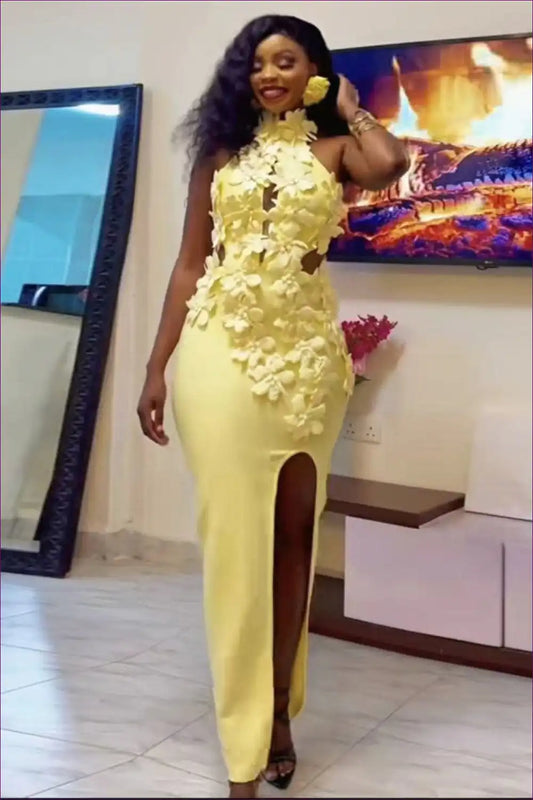Halter Maxi Dress with 3d Floral Appliqué - Modern Romance for Cutout, Dress, Dresses, Evening Wear,