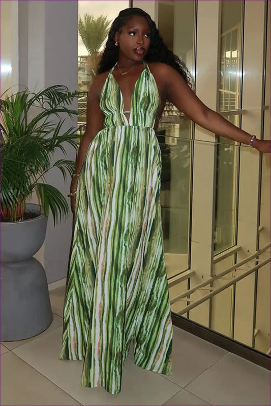 Halter Maxi Dress with Abstract Print - Vacation Dreamscape for a Line, Boho, Dress, Dresses, Formal Wear