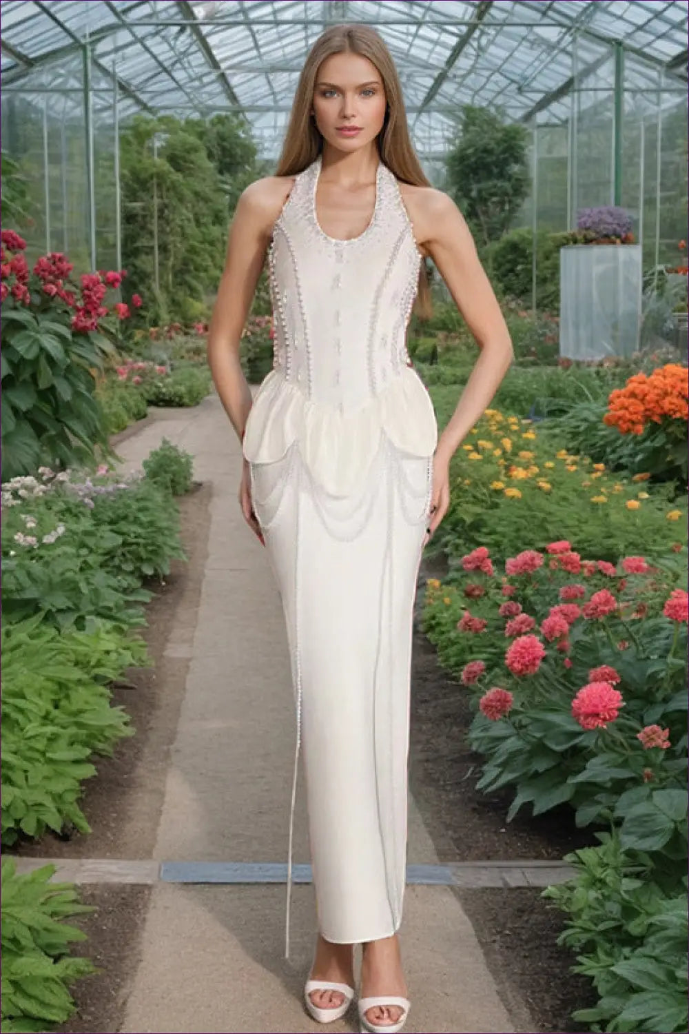 Halter Maxi Dress - Beaded Bodice Pearl Drape - Bodycon • Elegant • Everyday • Sailfish