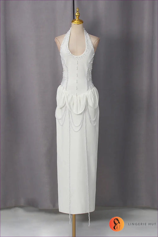 Halter Maxi Dress - Beaded Bodice Pearl Drape - s / White - Bodycon • Elegant • Everyday • Sailfish