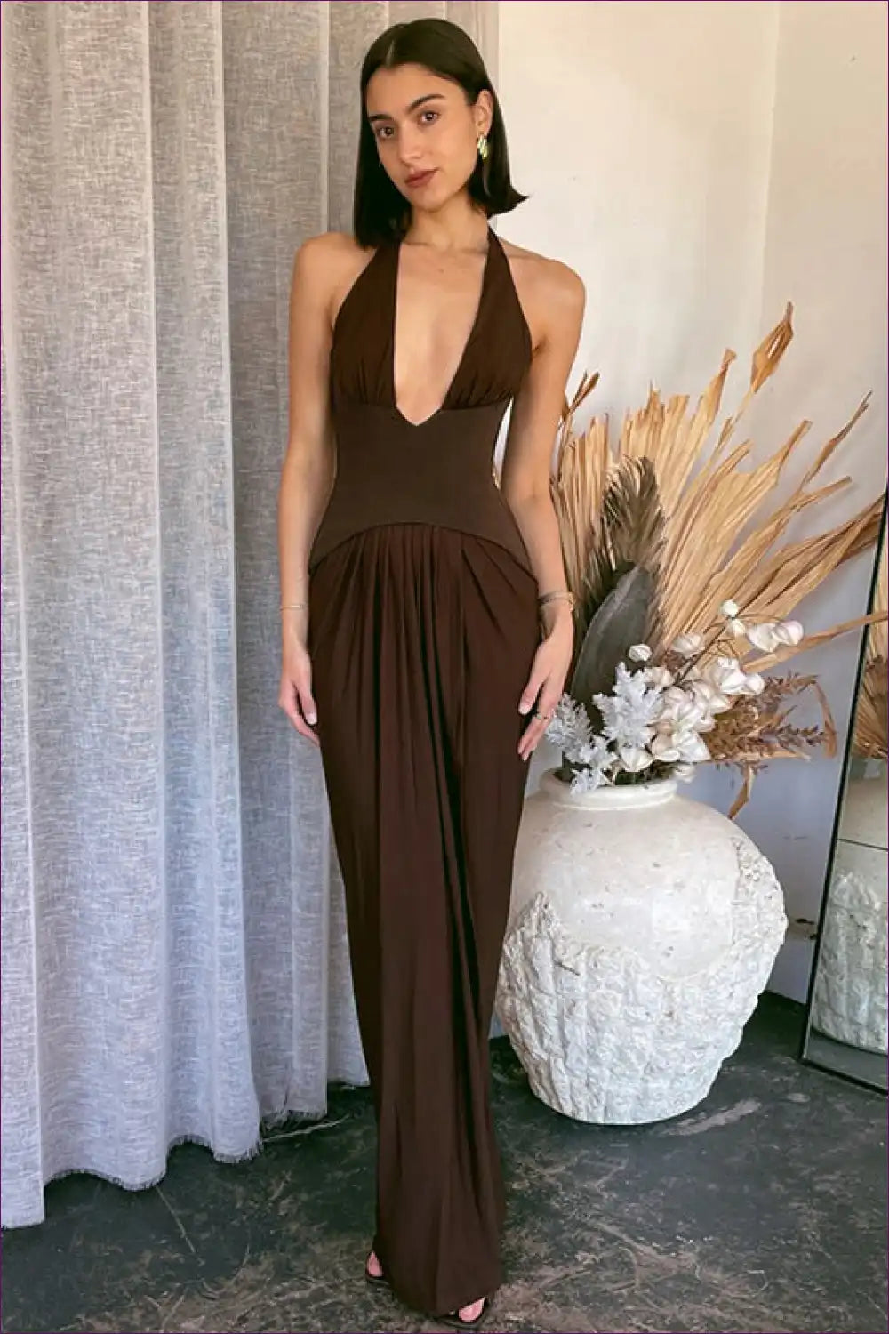 Halter Maxi Dress with Deep Plunge and Backless Slit Design for Backless, Date Night, Evening Wear, Formal