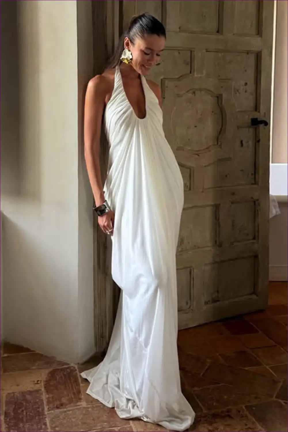 Halter Maxi Dress with Draped Neckline - Grecian Goddess for A-line, Backless, Boho, Dress, Evening Wear
