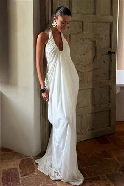 Halter Maxi Dress with Draped Neckline - Grecian Goddess for A-line, Backless, Boho, Dress, Evening Wear