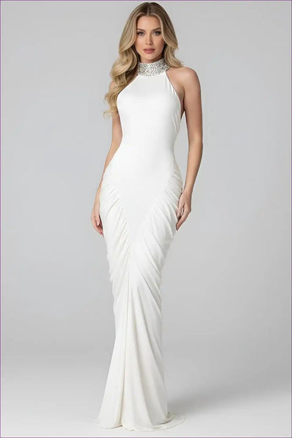 Halter Maxi Dress with Embellished Neckline - Evening for Backless, Evening Wear, Formal Glamour, Halter